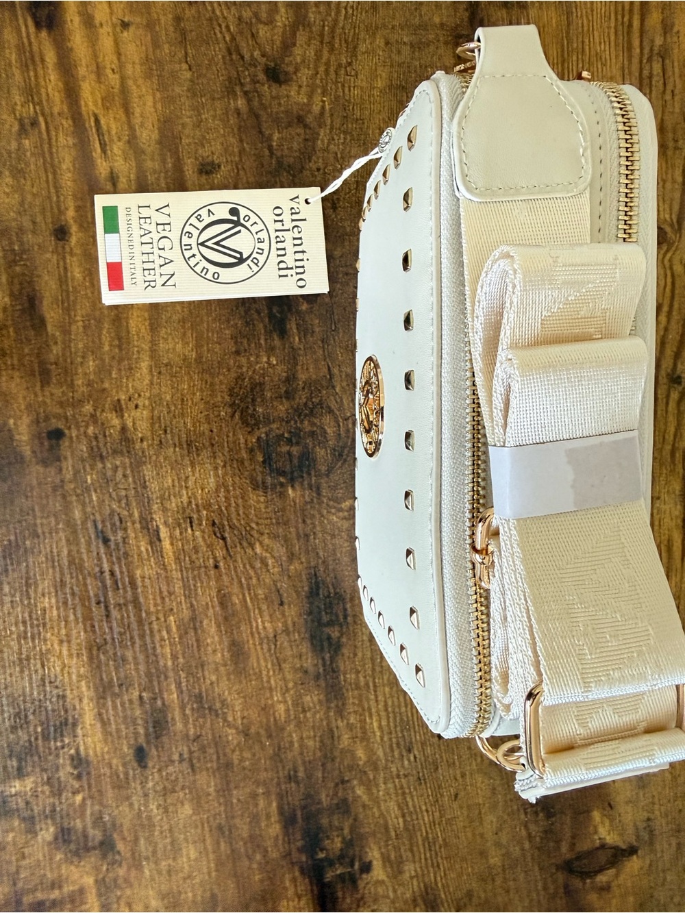 Valentino Orlandi Cream Vegan Leather Crossbody Bag with Gold Studs NWT - Picture 3 of 8